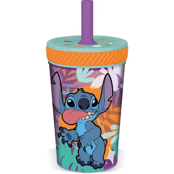 Kubek plastikowy ze słomką i pokrywką Aloha Stitch (370 ml)